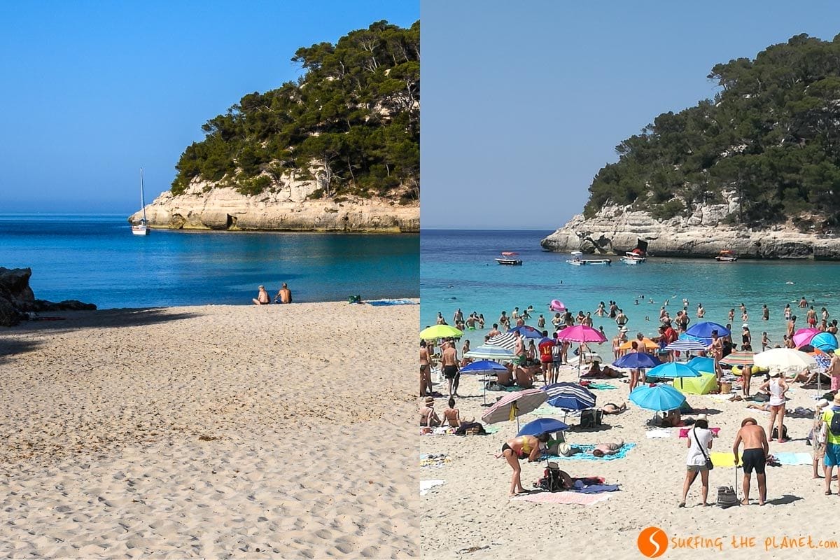 Playa a las 8 y a las 11 de la mañana, Plaja Mitjana, Menorca, España
